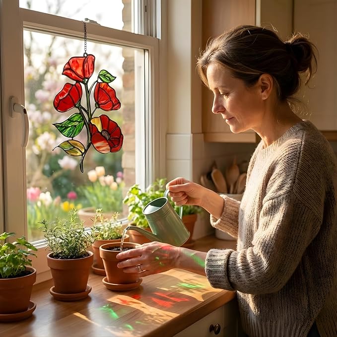 Red Poppy Flower Handmade Resin Suncatchers, Artisan Sun Catcher, Stained Glass Effect, Flower Suncatchers for Window Hanging, Garden Decor, Gift for Mother's Day Mom Women Grandma Wife