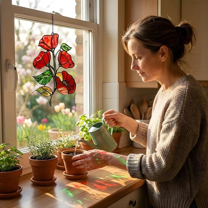 Red Poppy Flower Handmade Resin Suncatchers, Artisan Sun Catcher, Stained Glass Effect, Flower Suncatchers for Window Hanging, Garden Decor, Gift for Mother's Day Mom Women Grandma Wife