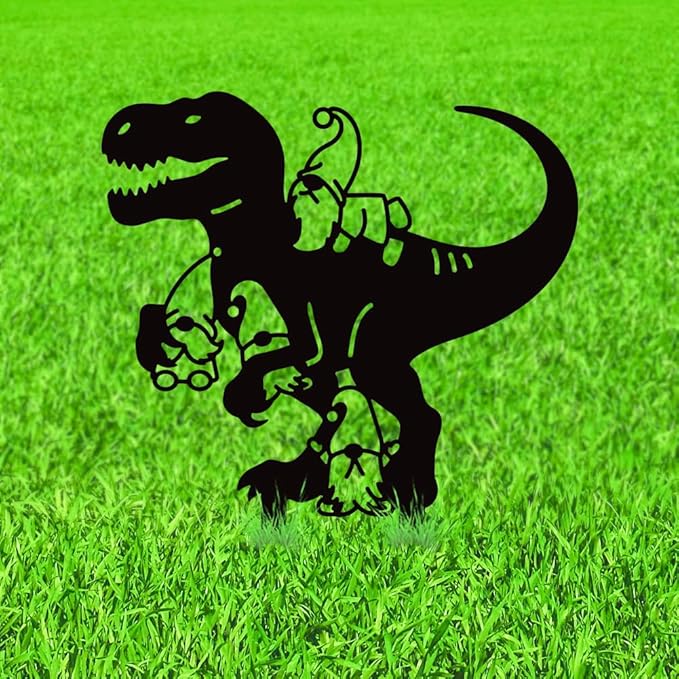 WADORN Dinosaur Gnome Metal Decorative Garden Stakes, Funny Dinosaur Gnome Metal Silhouette Statues Animals Garden Ornament Gifts Black Yard Art Decoration for Outdoor Backyard Patio Lawn Walkways