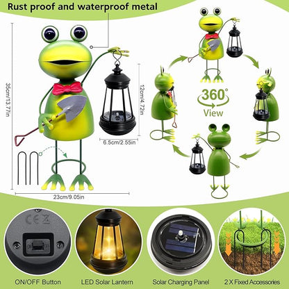 Solar Garden Lights Frog Statue,13.78in Tall Frog with Lantern Waterproof, Birthday Gifts for Women Mom Grandma, Big Metal Frog Stakes Decorative for Home Front Patio Balcony Yard Art Lawn
