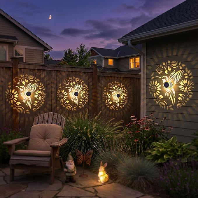 2 Pack Solar Fence Lights Metal Solar Powered Outdoor Wall Deck Step Lights Hummingbird Floral Theme Waterproof Fence Light for Garden Post Patio Backyard Yard Decor, Gardening Gifts for Women Mom