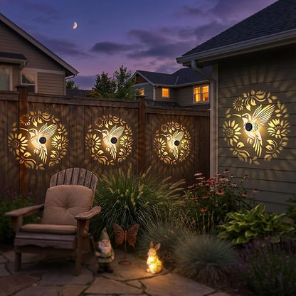 2 Pack Solar Fence Lights Metal Solar Powered Outdoor Wall Deck Step Lights Hummingbird Floral Theme Waterproof Fence Light for Garden Post Patio Backyard Yard Decor, Gardening Gifts for Women Mom
