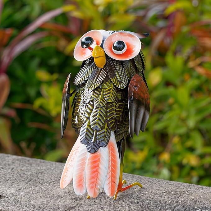 Metal Owl Garden Statue, 9'' Funny Owl Figurine Outdoor Yard Art Decor, Waterproof Owls Decor for Garden, Lawn, Backyard(Grey)