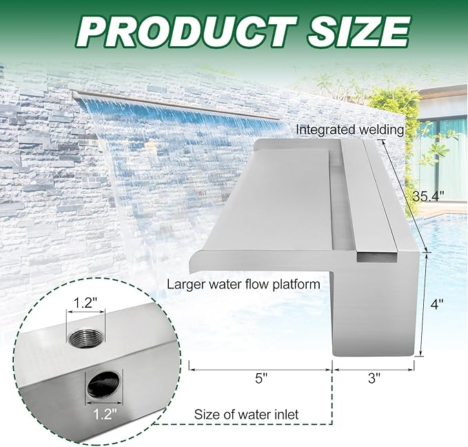 LONGRUN 90cm Pond Waterfall Blade,Stainless Steel Pool Fountain with RGB Bluetooth LED Light, Complete Waterfall & Stream Kits for Outdoor Water Features