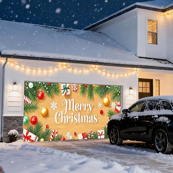 IVN Christmas Garage Door Cover Decoration 13x6ft Wood Texture Pine Garlands Gifts Candy Canes Merry Christmas Winter Garage Door Banner Home Door Front Yard Decor for Xmas Eve Holiday Outdoor