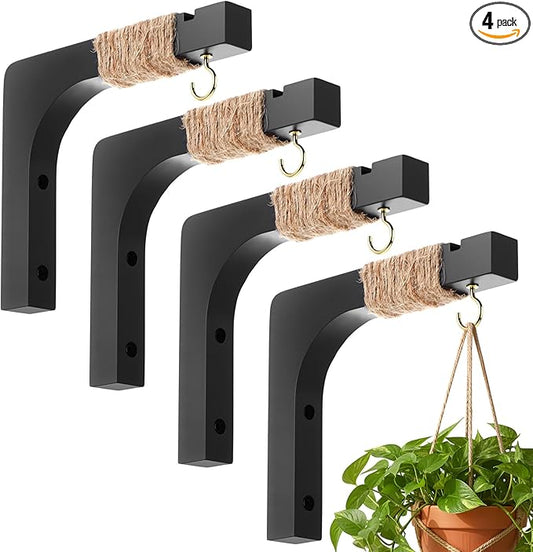Geelin 4 Pack Wooden Plant Hanger for Wall Mounted Plant Hooks Outdoor Indoor Hanging 6 Inch Farmhouse Hanging Basket Hooks for Garden Home Wall Decoration, L x H x T: 6 x 5 x 0.8inch(Black)