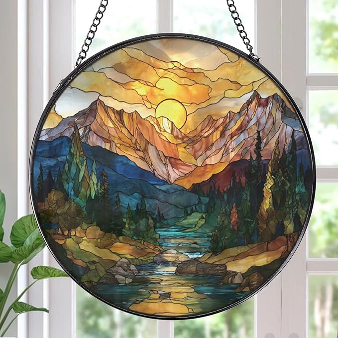 Rngmsi Sun Mountains Stained Glass Window Hanging, 7.8″ Sun Catchers with Hook Indoor Window Decor, Decorative Suncatchers Home Garden Art Gift for Thanksgiving Christmas Housewarming