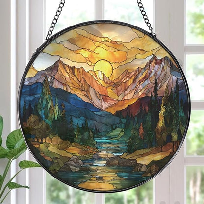 Rngmsi Sun Mountains Stained Glass Window Hanging, 7.8″ Sun Catchers with Hook Indoor Window Decor, Decorative Suncatchers Home Garden Art Gift for Thanksgiving Christmas Housewarming