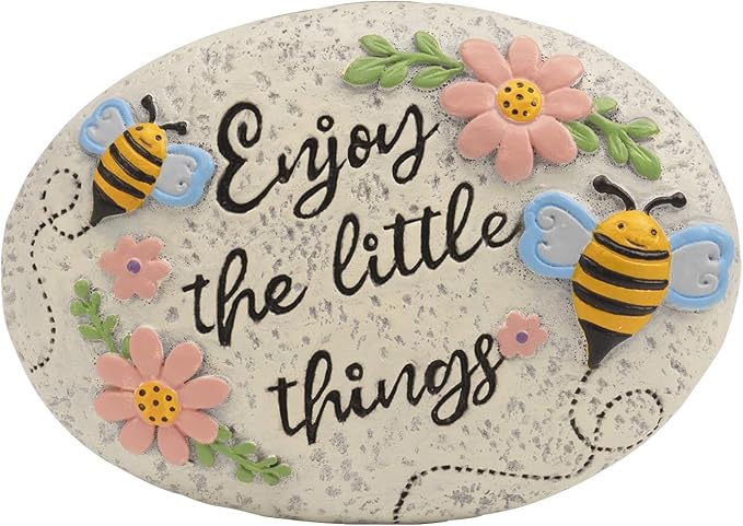 Spring Decorative Garden Stones Outdoor, 6x4.1In Bee Enjoy The Little Things Stone with Pink Floral, Concrete Stepping Stones for Walkway Pathway Yard Outside