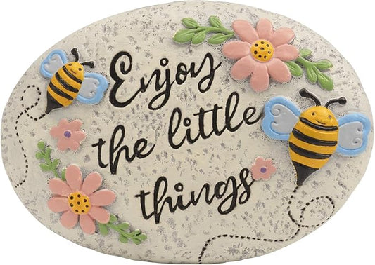 Spring Decorative Garden Stones Outdoor, 6x4.1In Bee Enjoy The Little Things Stone with Pink Floral, Concrete Stepping Stones for Walkway Pathway Yard Outside