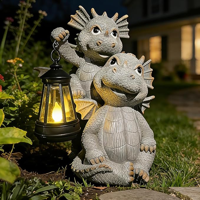 Solar Garden Outdoor Statues Lantern Figurines Light Decorations for Outdoor Patio Balcony Yard Lawn, Ideal Gifts for Mom Friends (Cement Gray- Dragon)