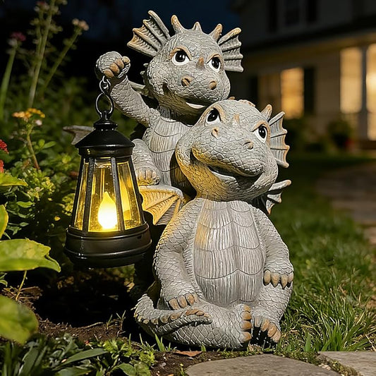 Solar Garden Outdoor Statues Lantern Figurines Light Decorations for Outdoor Patio Balcony Yard Lawn, Ideal Gifts for Mom Friends (Cement Gray- Dragon)