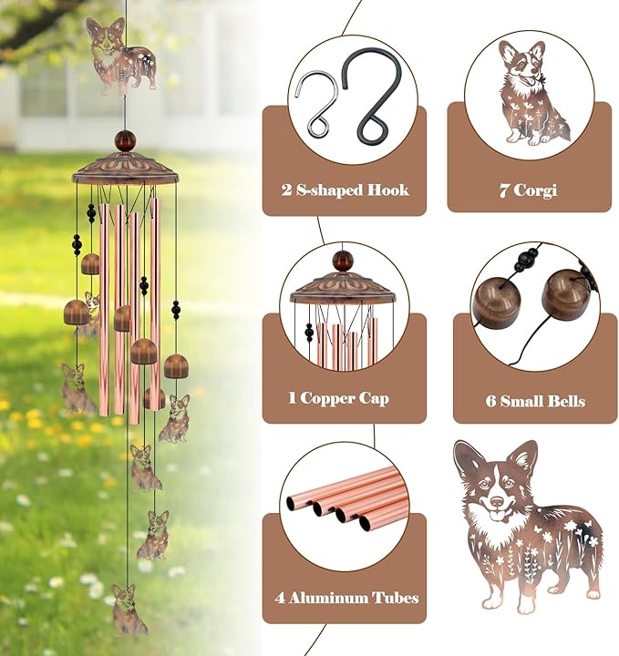Corgi Wind Chimes for Outside,Metal Garden Decor Corgi Windchimes Gifts for Grandma/Women Birthday Gifts,Outdoor/Indoor Metal Wind Chime for Garden,Home, Lawn, Porch, Yard (35")