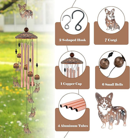 Corgi Wind Chimes for Outside,Metal Garden Decor Corgi Windchimes Gifts for Grandma/Women Birthday Gifts,Outdoor/Indoor Metal Wind Chime for Garden,Home, Lawn, Porch, Yard (35")
