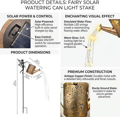 Solar Watering Can Light, Garden Fairy Stake Lights, Featuring Metal Silhouette Garden Stake, Mother's Gift for Women, Outdoor Garden Lawn Path Yard Decor