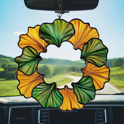 Ginkgo Wreath Acrylic Suncatcher Stained Glass Effect Window Car Hanging Christmas Ornament Indoor Outdoor Decor Garden Sun Catcher Panel for Acrylic Suncatcher Lover for Women Mom Grandma