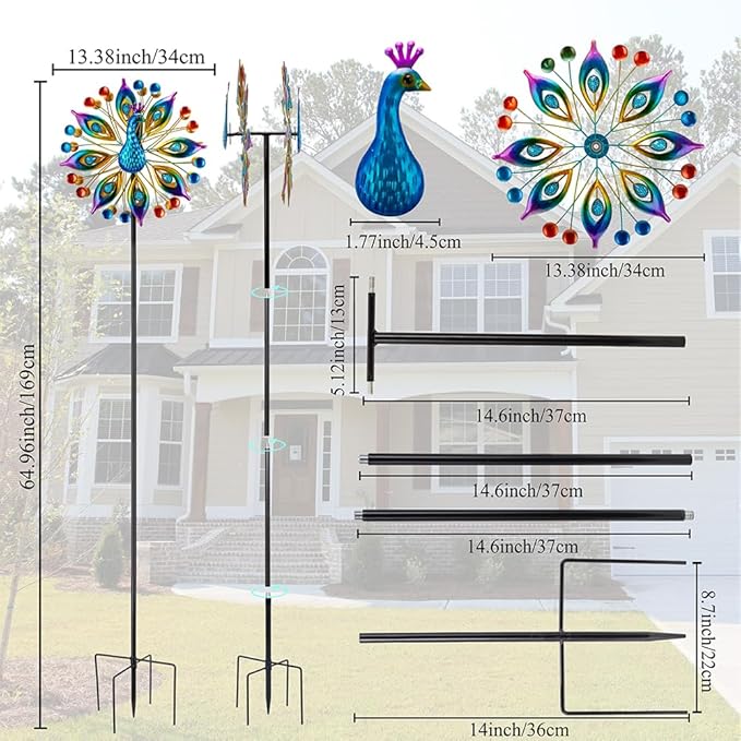Peacock Outdoor Wind Spinner, 64 Inch Double Wind Sculpture,Waterproof Wind Sculptures & Spinners, Metal Windmill for Garden Yard Patio Decoration