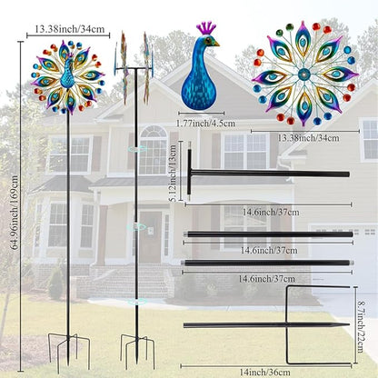 Peacock Outdoor Wind Spinner, 64 Inch Double Wind Sculpture,Waterproof Wind Sculptures & Spinners, Metal Windmill for Garden Yard Patio Decoration
