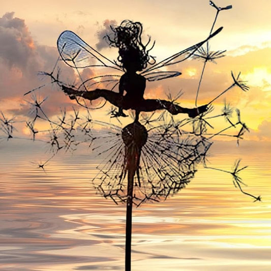 Fairies Wire Dandelion Stainless Garden Art Sculpture Steel Statue, Dancing Fairy Dandelion Garden Ornaments Art Decorations for Outdoor Yard Lawn Patio (H)