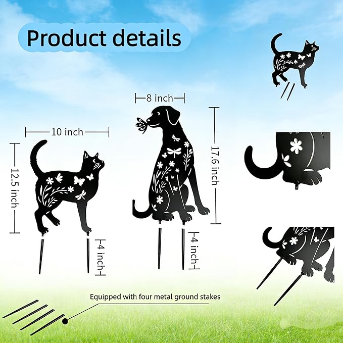 Black Metal Cat&Dog Silhouette Garden Stakes,Decorative Garden Stakes,Pet Memorial Grave Markers for Dogs&Cats,Outdoor Yard Art Decor, for Pet Lovers,Yard Art,Patio Lawn Ornaments