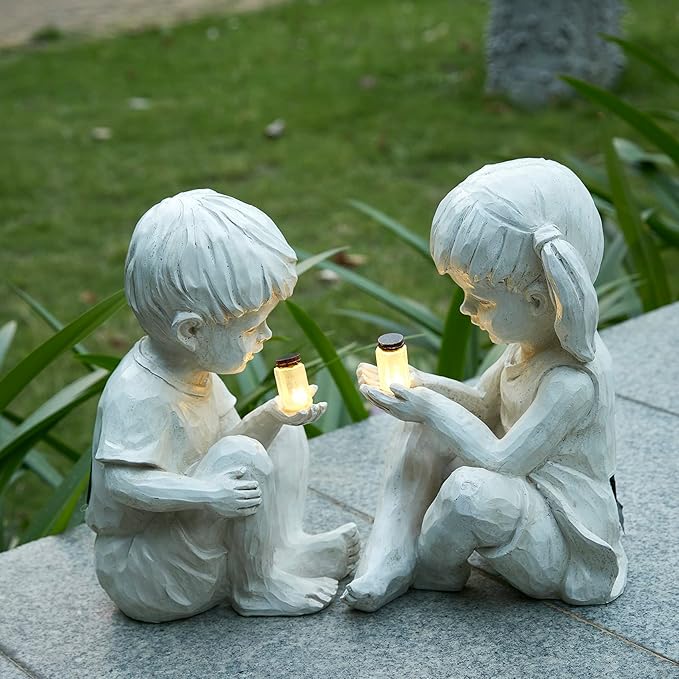 Large Garden Children Statues Light Up Firefly Jar Solar Powered | Set of 2 Figurines | Girl & Boy Garden Yard Art Décor, Indoor & Outdoor Ornament Gifts for Lawn, Patio , 7.5" W x11. 8”H Cream Gift