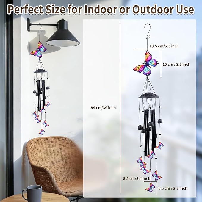 39" Butterfly Wind Chimes for Outside, Balck Metal WindChimes Suitable for Patio, Garden Hanging Decorations, Butterfly Gifts for Birthday Mother’s Day
