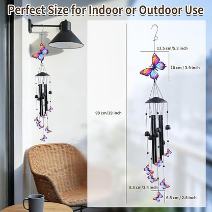 39" Butterfly Wind Chimes for Outside, Balck Metal WindChimes Suitable for Patio, Garden Hanging Decorations, Butterfly Gifts for Birthday Mother’s Day