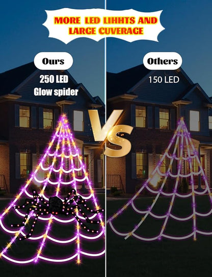 LCHUANG Spider Webs Halloween Decorations Lights - 250 LEDs Outdoor Halloween String Lights with 60" Light Up Spider,8 Modes Remote Control 16.4Ft Spiderweb,Waterproof (Orange+Purple)