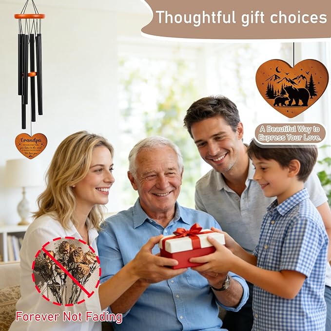 Grandpa Gifts Wind Chimes for Outside - Metal Windchime with Wooden Pendant, Greeting Card & Black Box - Unique Memorial Birthday Gift for Grandfather from Grandkids, Garden Hanging Decor