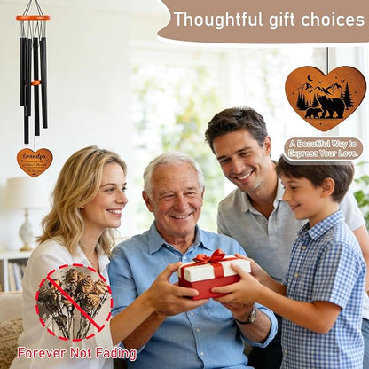 Grandpa Gifts Wind Chimes for Outside - Metal Windchime with Wooden Pendant, Greeting Card & Black Box - Unique Memorial Birthday Gift for Grandfather from Grandkids, Garden Hanging Decor