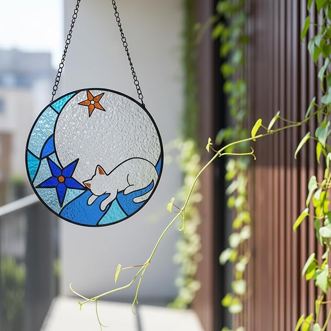 White Cat Stained Glass Window Hanging Ornament, Cat Suncatcher Indoor Wall Art, Boho Cottagecore Moon Kitten Wall Hanging Decorations, Gifts for Cat Lovers, 5.9''