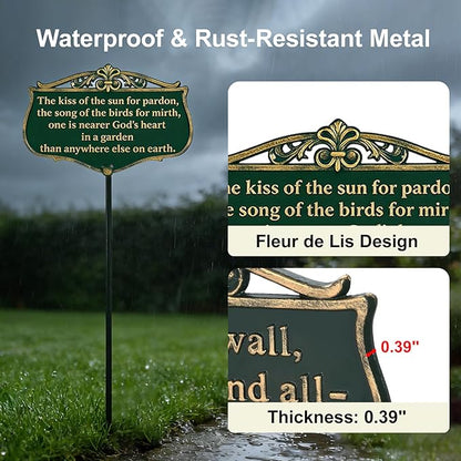 Metal Garden Signs for Outside, "The Kiss of The Sun" Double-Sided Vintage Green Metal Poem Plaque with Stake, Personalized Outdoor Garden Sign for Patio Yard Lawn Backyard Porch Decor