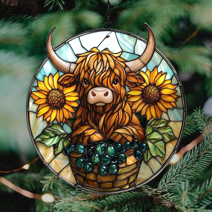 Highland Cow and Sunflower Mosaic Acrylic Suncatcher Stained Glass Effect Window Car Hanging Christmas Ornament Indoor Outdoor Decor Garden Sun Catcher Panel for Cow Lover for Women Mom Grandma