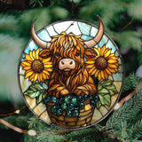 Highland Cow and Sunflower Mosaic Acrylic Suncatcher Stained Glass Effect Window Car Hanging Christmas Ornament Indoor Outdoor Decor Garden Sun Catcher Panel for Cow Lover for Women Mom Grandma