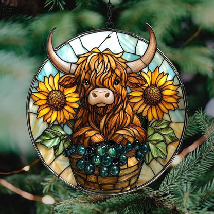 Highland Cow and Sunflower Mosaic Acrylic Suncatcher Stained Glass Effect Window Car Hanging Christmas Ornament Indoor Outdoor Decor Garden Sun Catcher Panel for Cow Lover for Women Mom Grandma