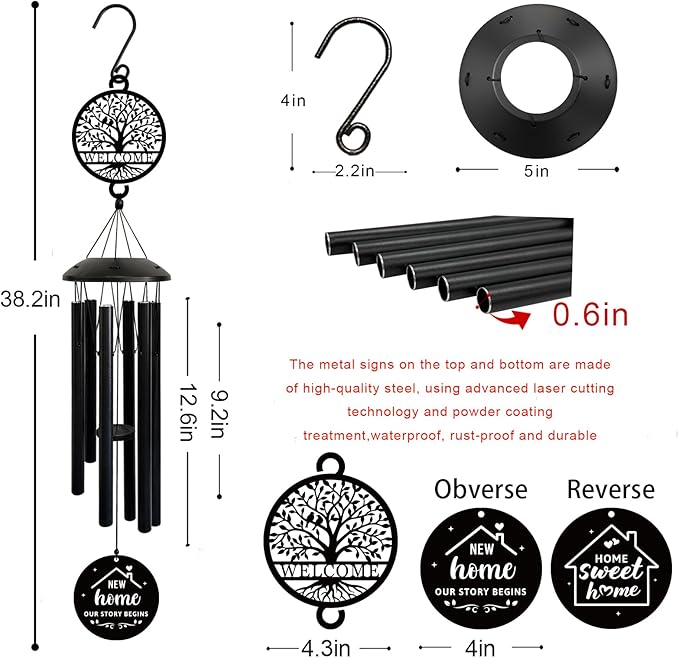 House Warming Gifts New Home, 37" Black Wind Chimes Housewarming Gifts, New Home Gift Ideas for Women Men Homeowners Couples Family Friends,Outdoor Decor for Patio,Garden,Yard