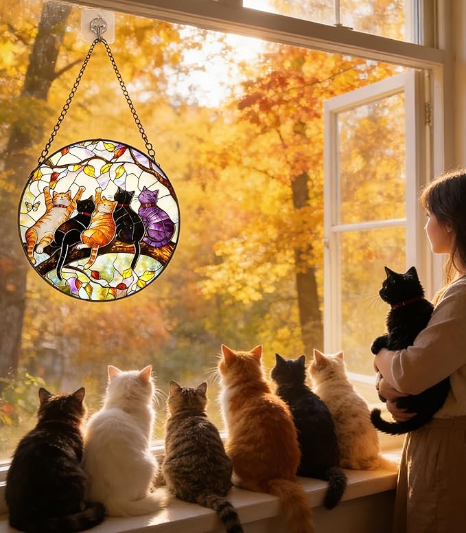 Stained Glass Window Hanging - 5 Happy Kittens on a Branch Suncatcher for Window Doors Home Decoration and Christmas, Mother's Day Birthday Gifts for Women Men Mom 7.8 * 7.8 inch
