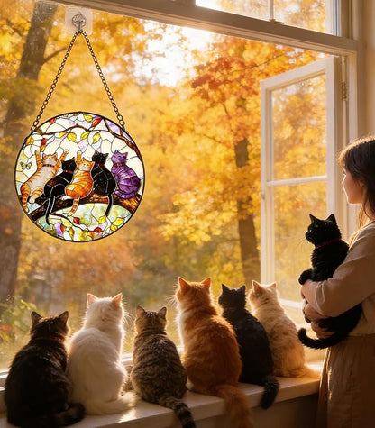 Stained Glass Window Hanging - 5 Happy Kittens on a Branch Suncatcher for Window Doors Home Decoration and Christmas, Mother's Day Birthday Gifts for Women Men Mom 7.8 * 7.8 inch
