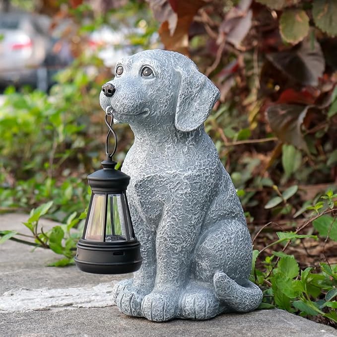 Solar Dog Garden Statues with Solar Lantern，Dog Figurines for Yard Patio Lawn Balcony Ornaments - Birthday Housewarming Garden Gifts for Mothers Day, Grandma
