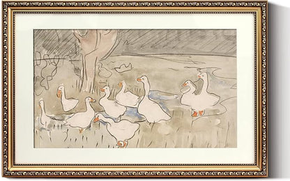 ARPEOTCY Vintage Gold Framed Large Wall Art, Farmhouse Nursery Duck Paintings, Canvas Prints with Antique Picture Frame, Cute Duck Illustration Victorian Wall Decor for Living Room 16x24 inch