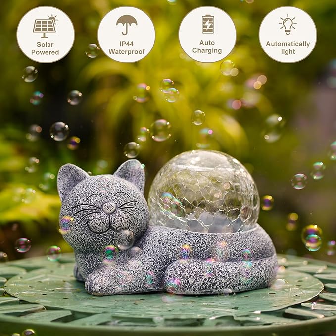Solar Cat Garden Statue Large for Outdoor Decor with Cracked Glass Figurine Lighting Resin Succulent Cat Decorations Patio Lawn Yard Housewarming Mom Gifts