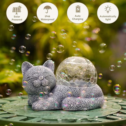 Solar Cat Garden Statue Large for Outdoor Decor with Cracked Glass Figurine Lighting Resin Succulent Cat Decorations Patio Lawn Yard Housewarming Mom Gifts