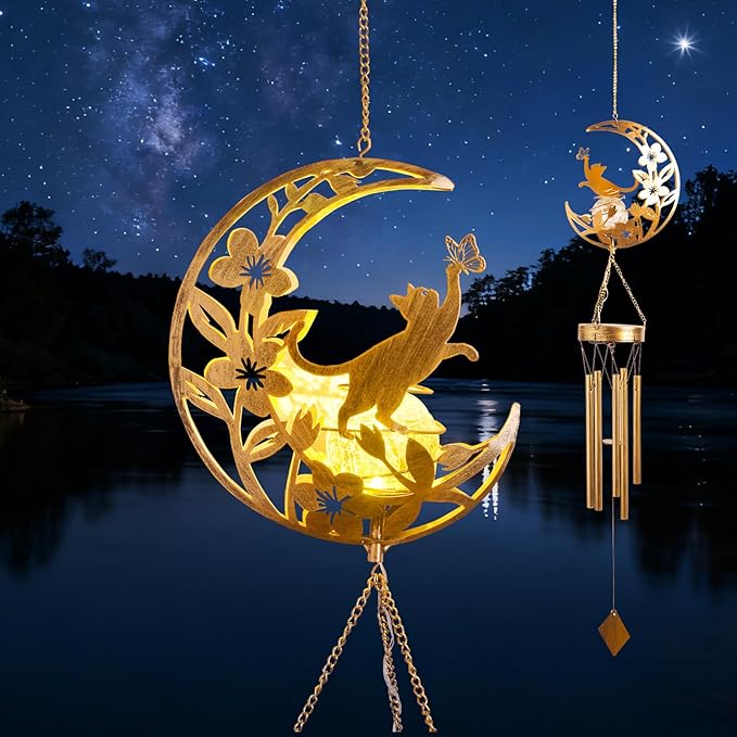 Cat Memories Wind Chime for Outdoor - Moon Design, Handcrafted Aluminum Wind Chimes for Garden Decor, Soothing Wind Bells for Porch/Patio, Perfect Housewarming/Birthday Gift for Women & Cat Owners