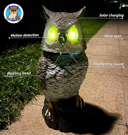 Brown Solar Owl with Motion Detector, Flashing Eyes, Spinning Head, Realistic Hooting and Silent Mode, Garden Owl, Outdoor Statue, Decoration for Home, Garden, Patio and Fence