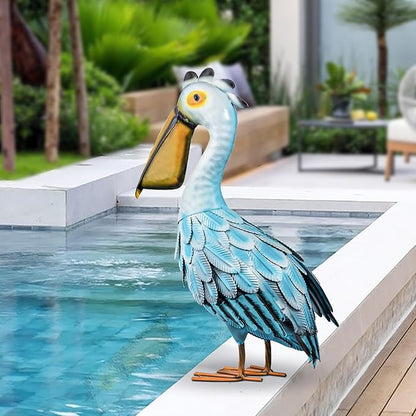 Metal Pelican Garden Statues, Light Blue Pelican Coastal Decor for Outdoor Yard Beach Lawn Patio Pool Display (Color-1)