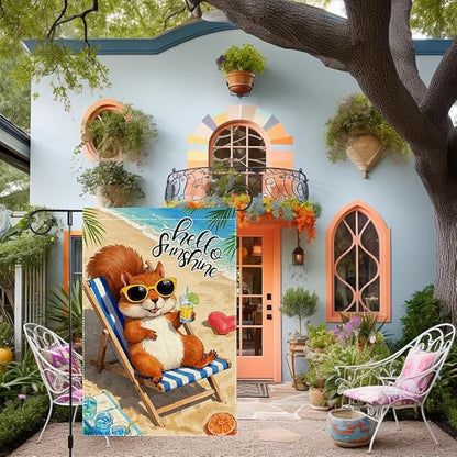 Little Squirrel Garden Flag Summer Garden Flags Beach Wooden Chair Sun Umbrella Enjoy A Holiday Garden Flags 12x18 Inch Double Sided Small Burlap Outside Decorations