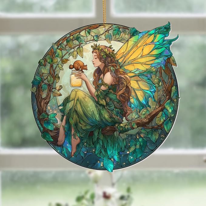 Fairy Ornament Acrylic Suncatcher – Enchanted Forest Fairy Sitting in Circle with Squirrel, Stained Glass Style Window Hanging Decor, Christmas Ornament Gift for Women, Fantasy Home Decor, (Sun-34)