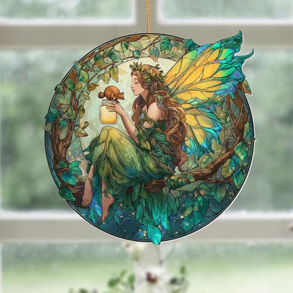 Fairy Ornament Acrylic Suncatcher – Enchanted Forest Fairy Sitting in Circle with Squirrel, Stained Glass Style Window Hanging Decor, Christmas Ornament Gift for Women, Fantasy Home Decor, (Sun-34)