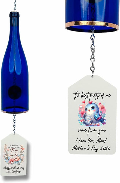 Blue Ridge Mountain Gifts Mother's Day Wine Bottle Wind Chime with Personalized Flag, Customize with Text & Photo Unique Gift for Mom