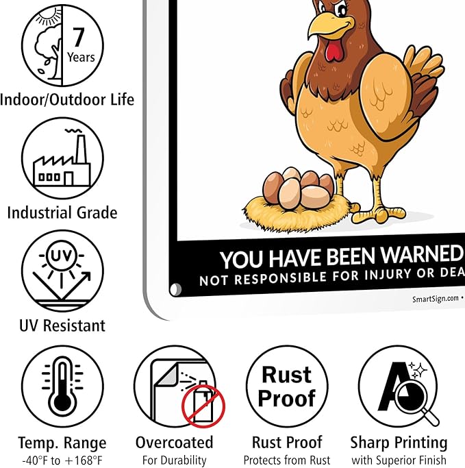 SmartSign Beware of Chickens You Have Been Warned Funny Animal Sign - 10" x 7", 40 mil Laminated Rustproof Aluminum Metal, For Gift, Yard, Cafe, Room